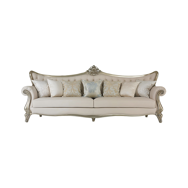How does a bright gold brushed metal frame enhance the elegant appearance of a four-seater sofa?